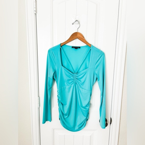 Boston Proper Ruched Strappy Aqua Blue Long Sleeve Top Size Small - Picture 3 of 4